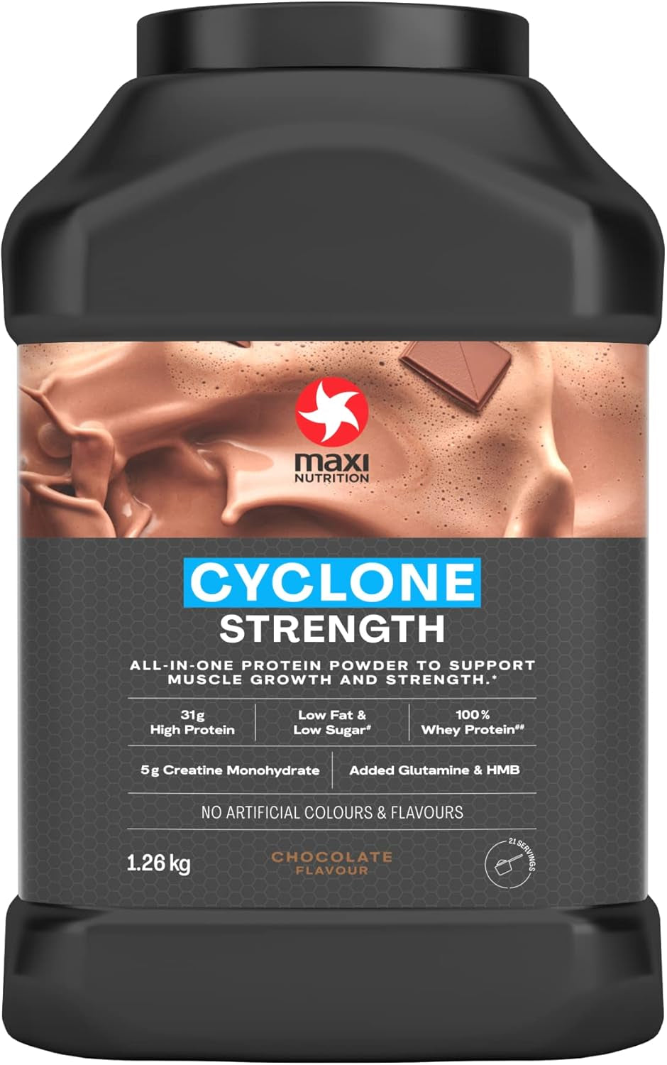 - Cyclone, Chocolate - Premium Whey Protein Powder with Added Creatine – Low in Sugar and Fat, Vegetarian-Friendly - 31G Protein, 204 Kcal per Serving, 1.26Kg