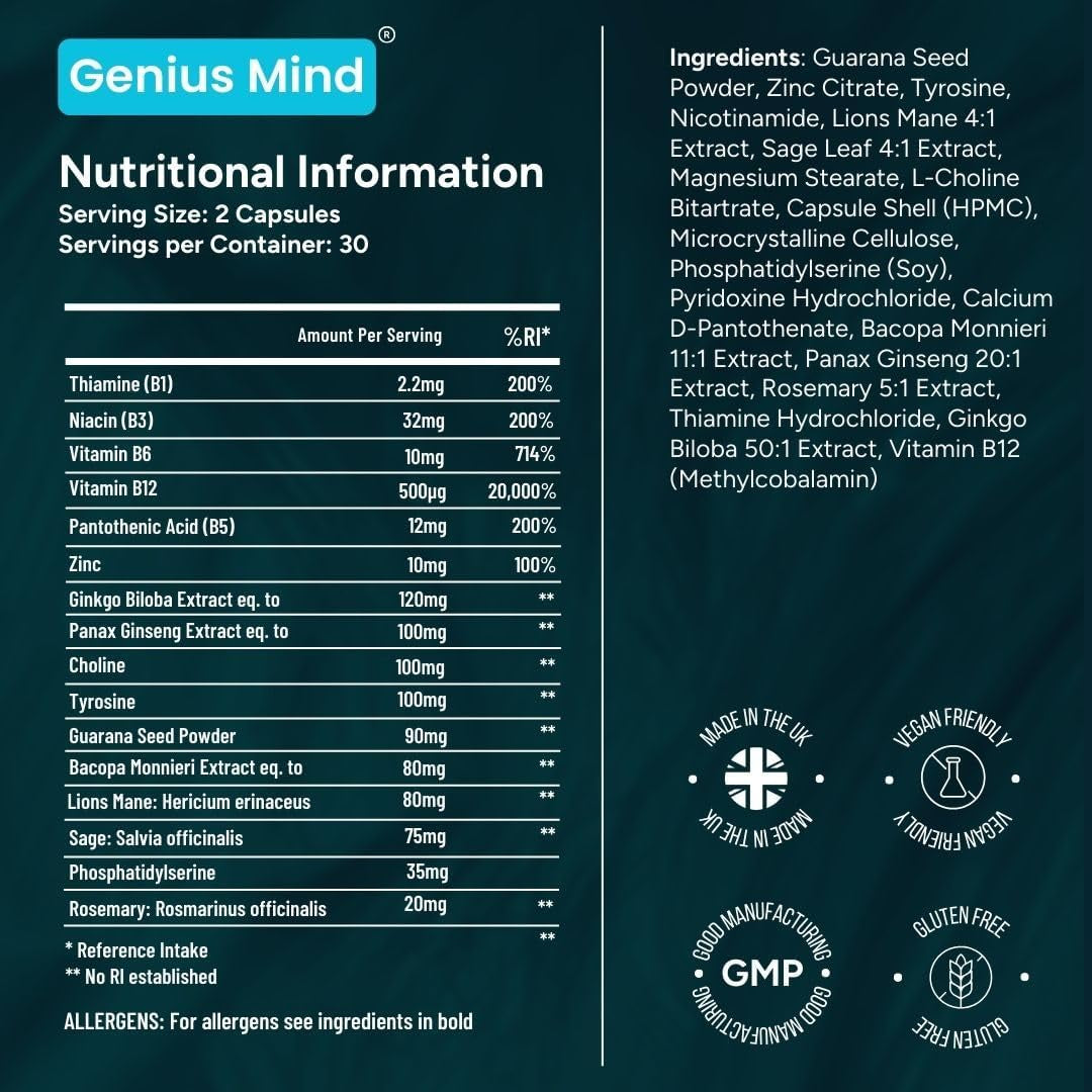 Genius Mind® Nootropic – Brain Supplement with 17 Ingredients for Focus & Memory