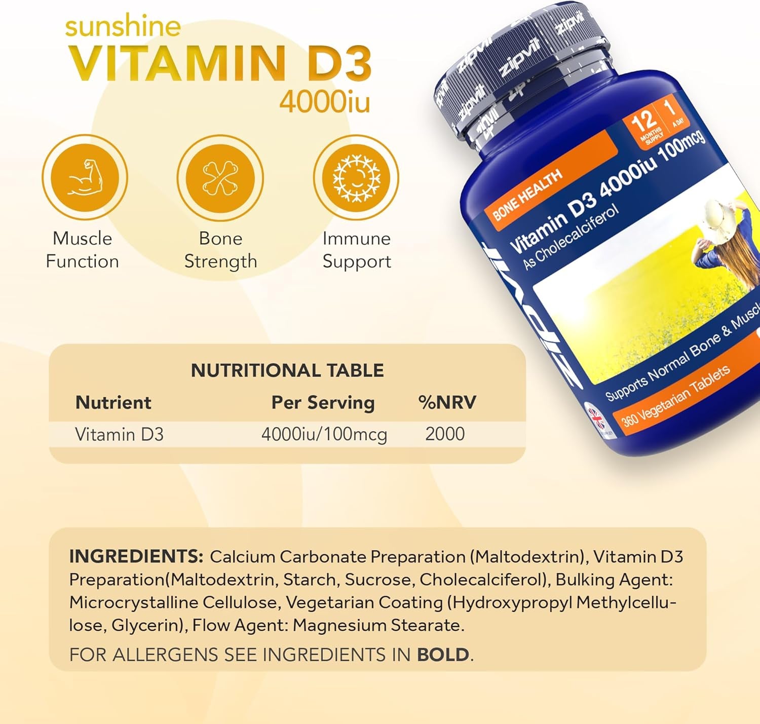 Vitamin D3 4000 IU – 12 Month Supply – Bone, Muscle & Immune Support