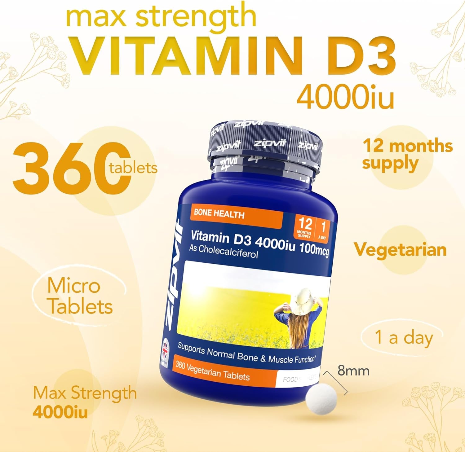 Vitamin D3 4000 IU – 12 Month Supply – Bone, Muscle & Immune Support