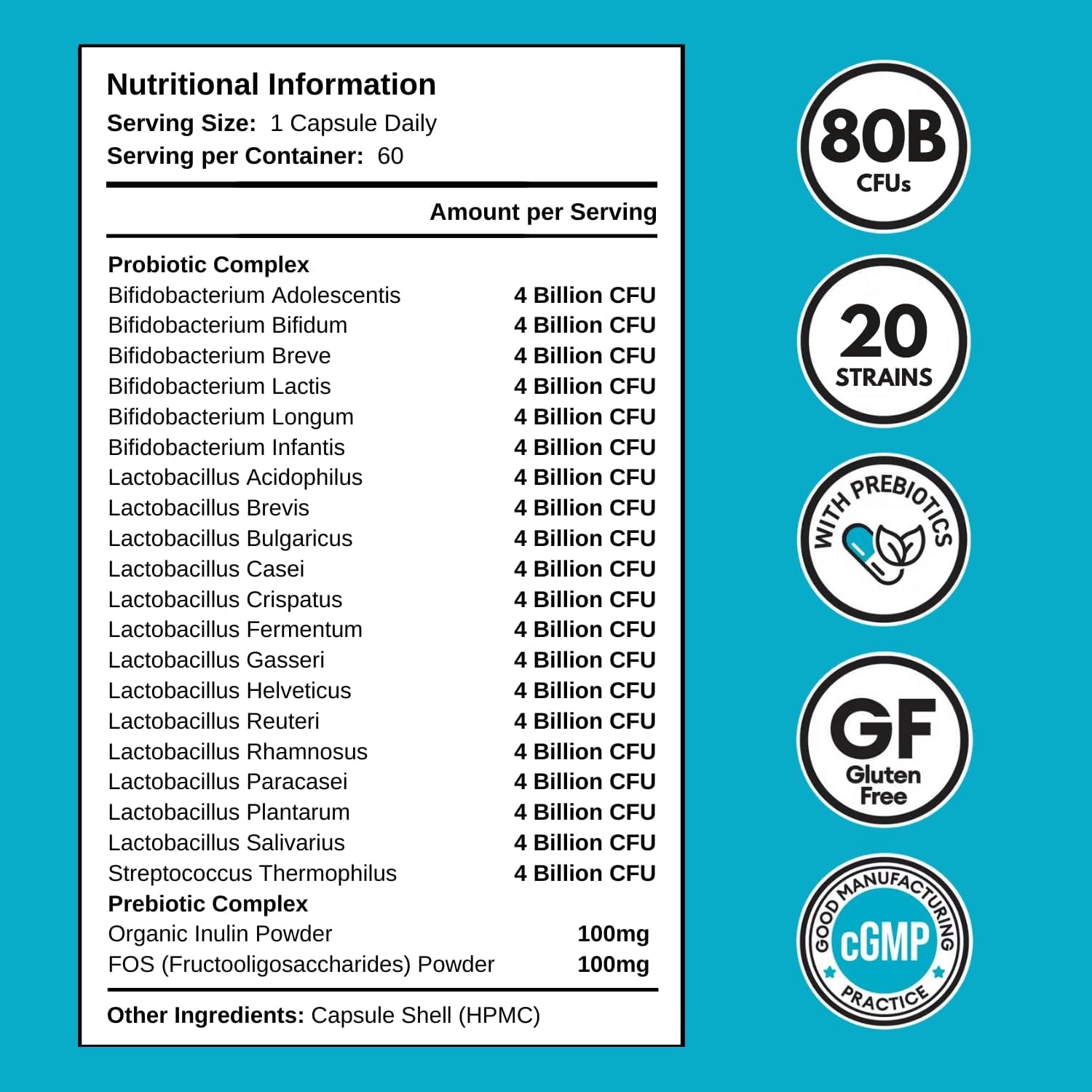 80 Billion CFU Probiotics – 20 Strains + Prebiotics for Gut Health – 60 Capsules