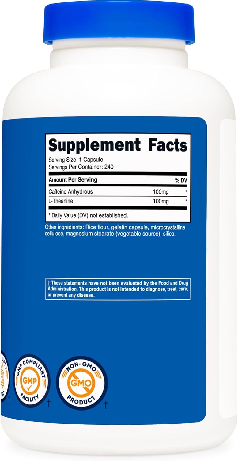 Caffeine with L-Theanine, 100Mg of Each, 240 Capsules, 240 Servings - Non-Gmo and Gluten Free
