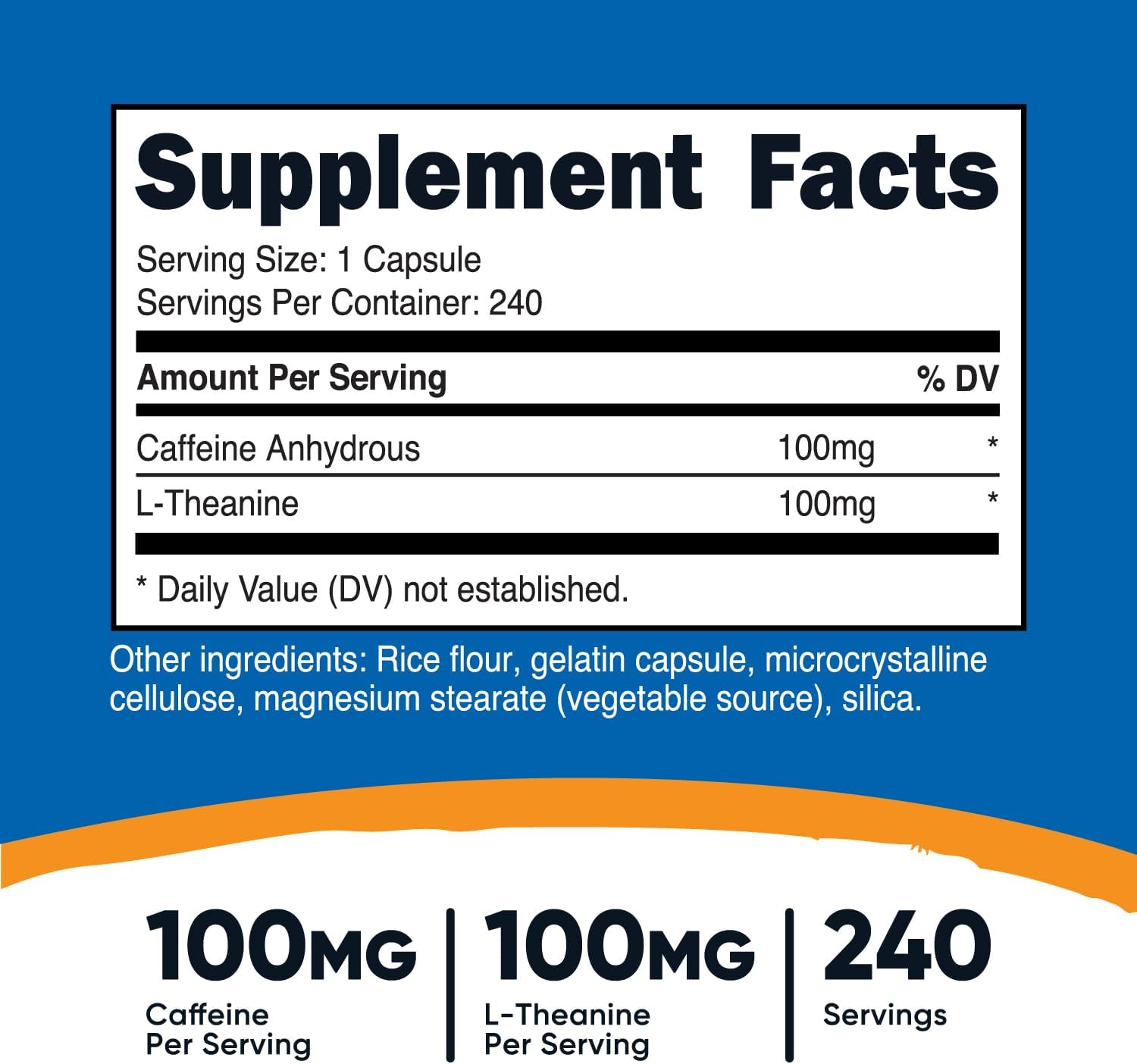 Caffeine with L-Theanine, 100Mg of Each, 240 Capsules, 240 Servings - Non-Gmo and Gluten Free