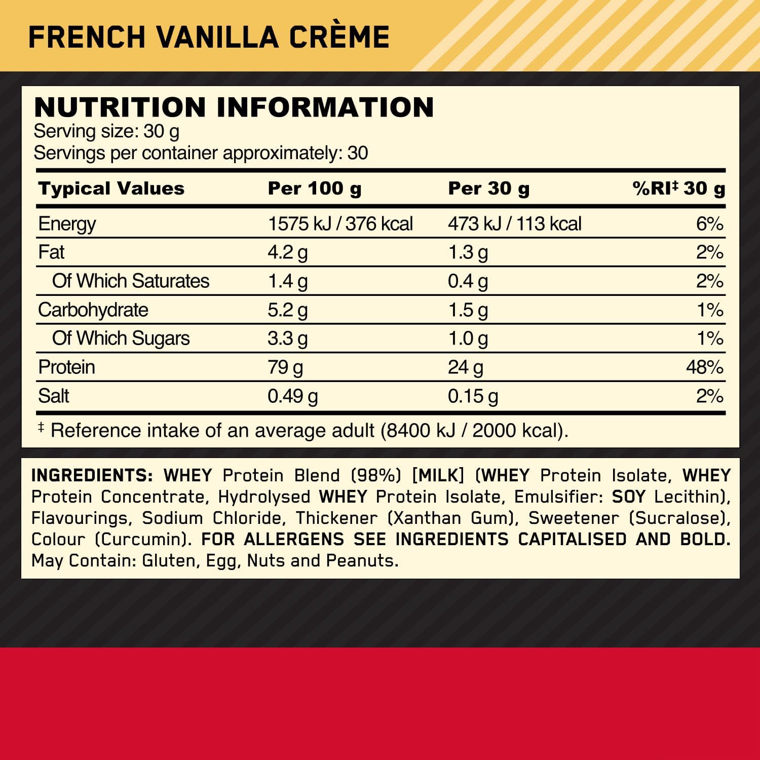 Gold Standard Whey Protein Powder Muscle Building Supplements with Glutamine and Amino Acids, French Vanilla Creme, 30 Servings, 900 G, Packaging May Vary, 891 - 908 G