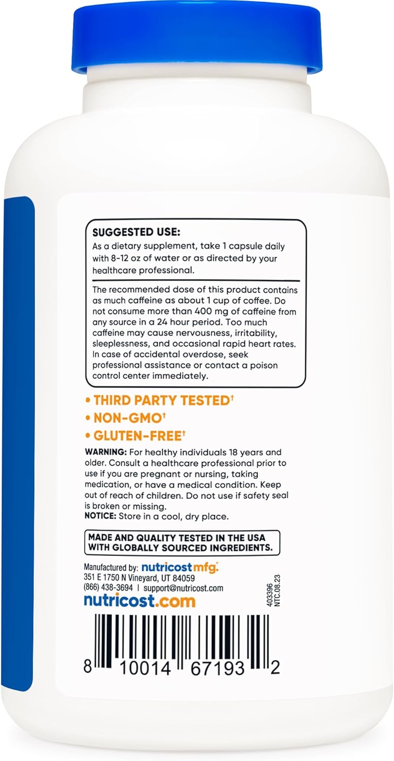 Caffeine with L-Theanine, 100Mg of Each, 240 Capsules, 240 Servings - Non-Gmo and Gluten Free