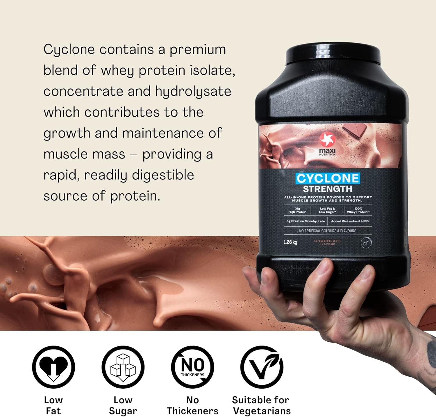 - Cyclone, Chocolate - Premium Whey Protein Powder with Added Creatine – Low in Sugar and Fat, Vegetarian-Friendly - 31G Protein, 204 Kcal per Serving, 1.26Kg