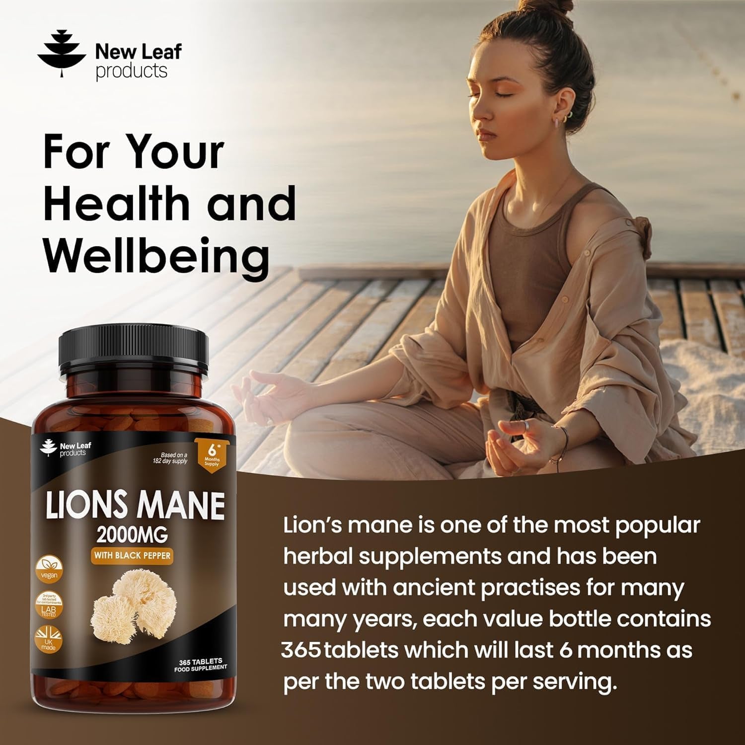 Lion’s Mane Mushroom 2000mg – 365 Vegan Tablets – With Black Pepper – High Strength Extract