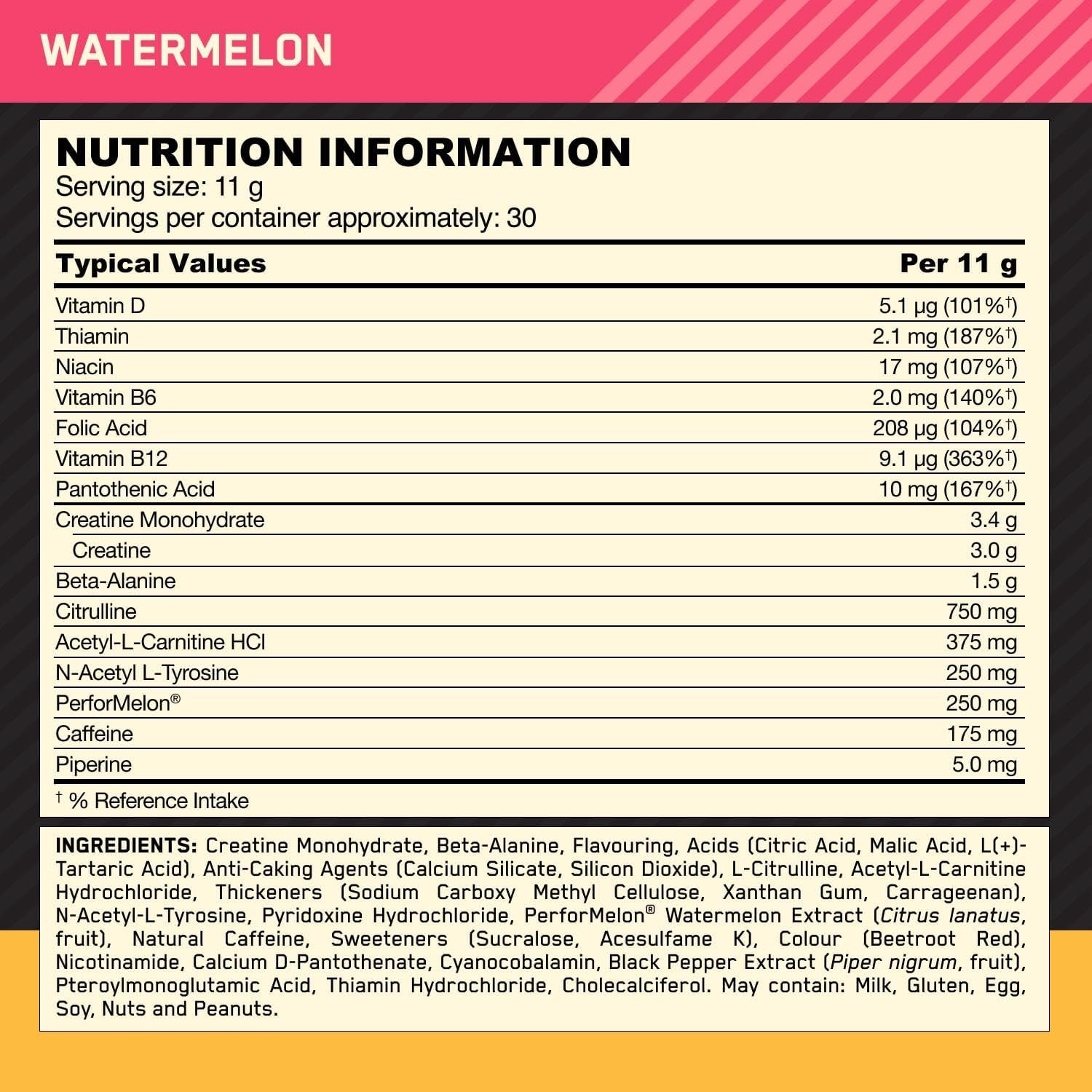 Gold Standard Pre-Workout – Creatine, Beta-Alanine, Caffeine, B-Vitamins – 330g Watermelon