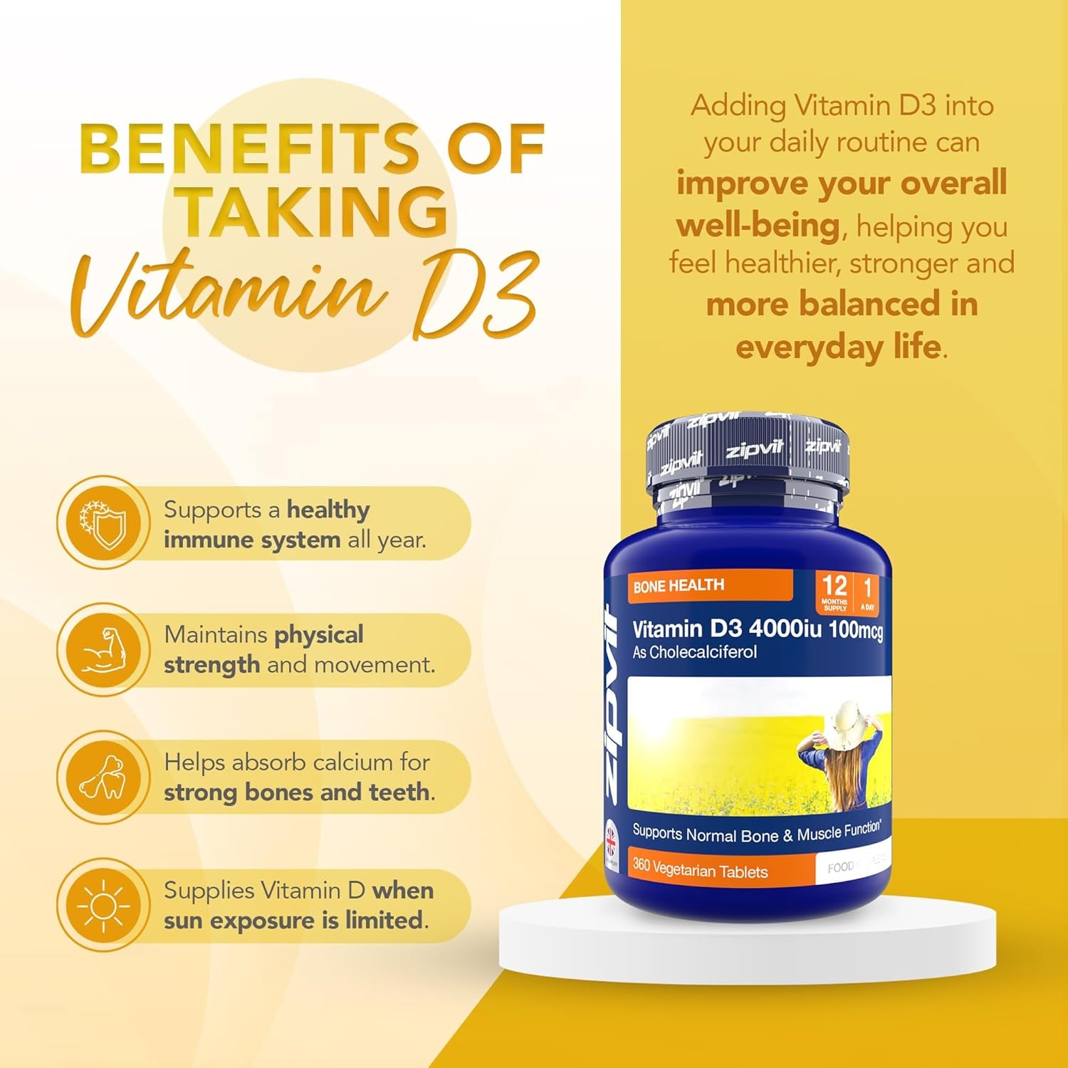 Vitamin D3 4000 IU – 12 Month Supply – Bone, Muscle & Immune Support