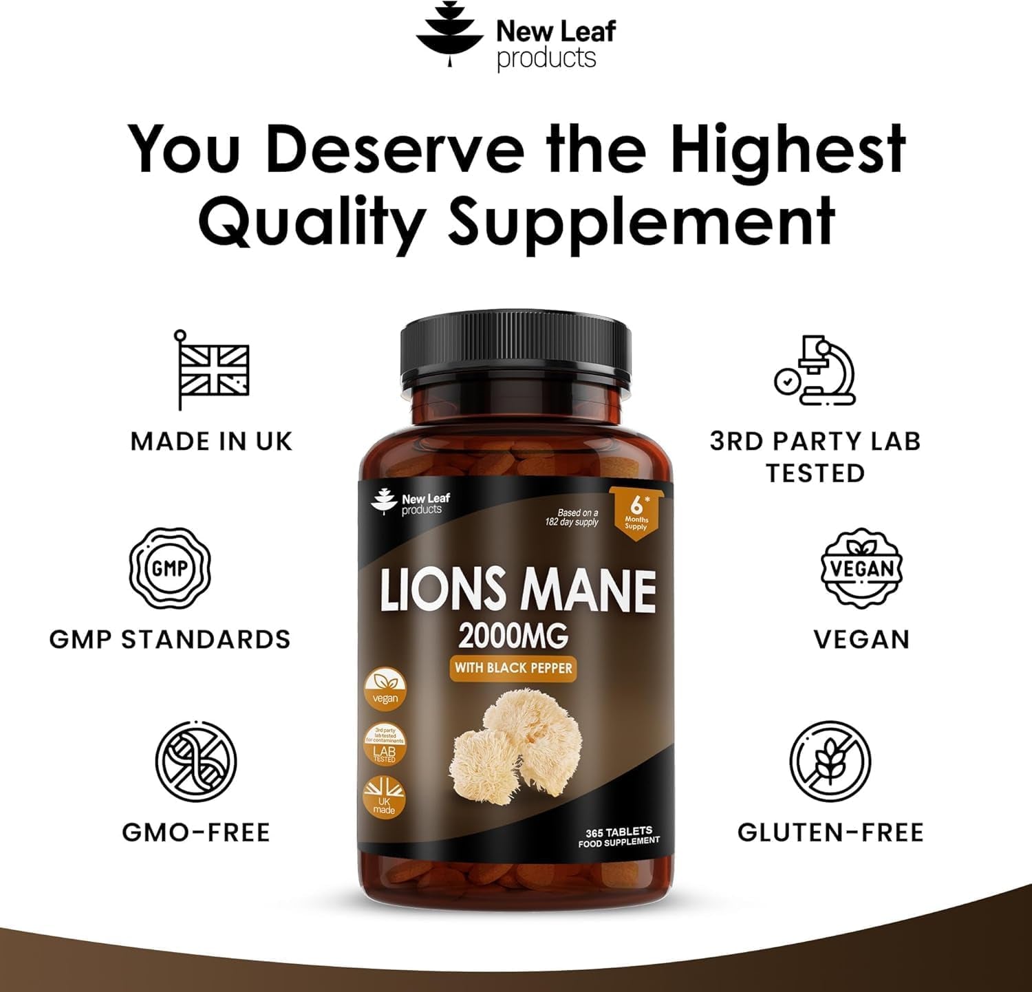 Lion’s Mane Mushroom 2000mg – 365 Vegan Tablets – With Black Pepper – High Strength Extract