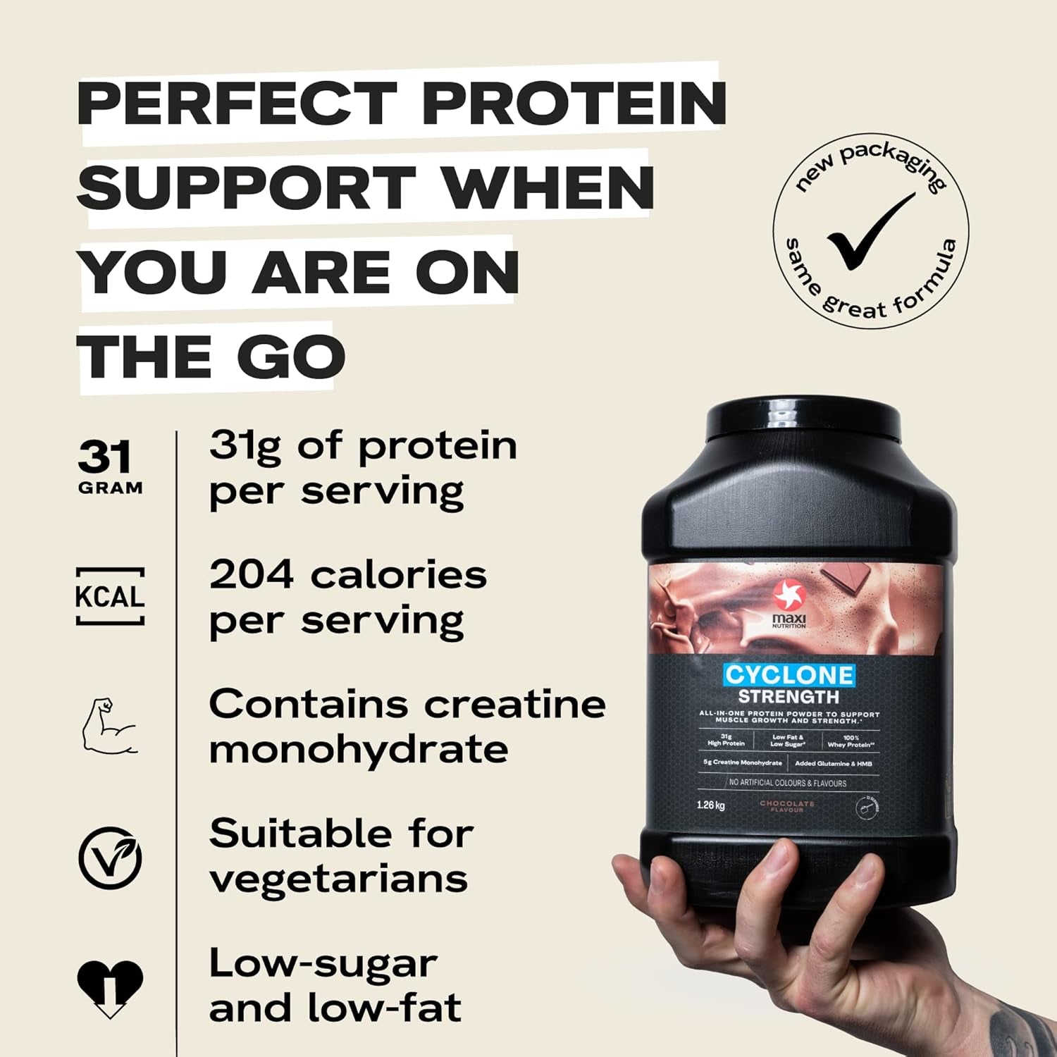 - Cyclone, Chocolate - Premium Whey Protein Powder with Added Creatine – Low in Sugar and Fat, Vegetarian-Friendly - 31G Protein, 204 Kcal per Serving, 1.26Kg