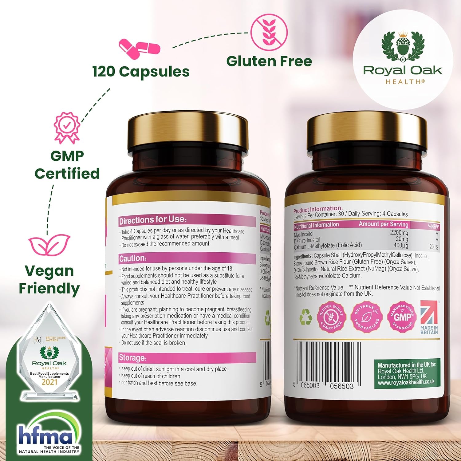 Myo Inositol 2,200Mg and D-Chiro Myo Inositol Capsules with Folate PCOS & Ovulation Support (120 Capsules)