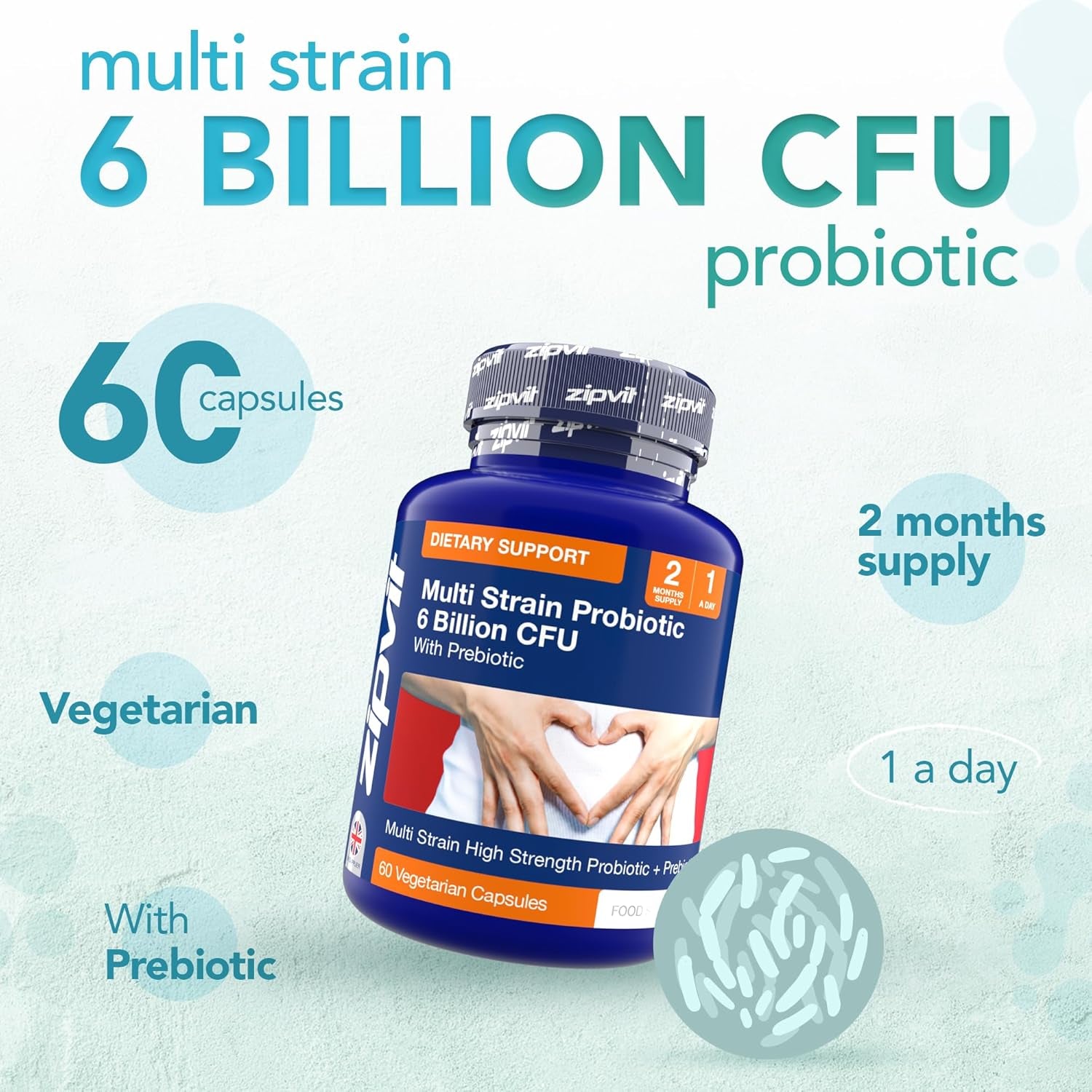 Probiotic 6 Billion CFU – 5 Strains + Prebiotics – 60 Veg Capsules
