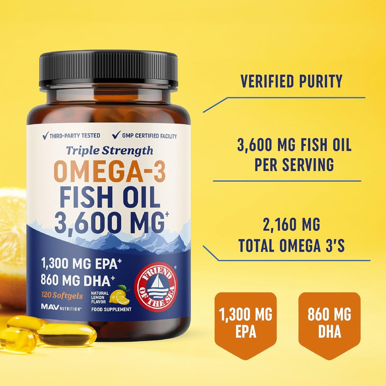 Omega-3 Fish Oil 3600mg, EPA & DHA, Brain & Joint Support – 120 Softgels