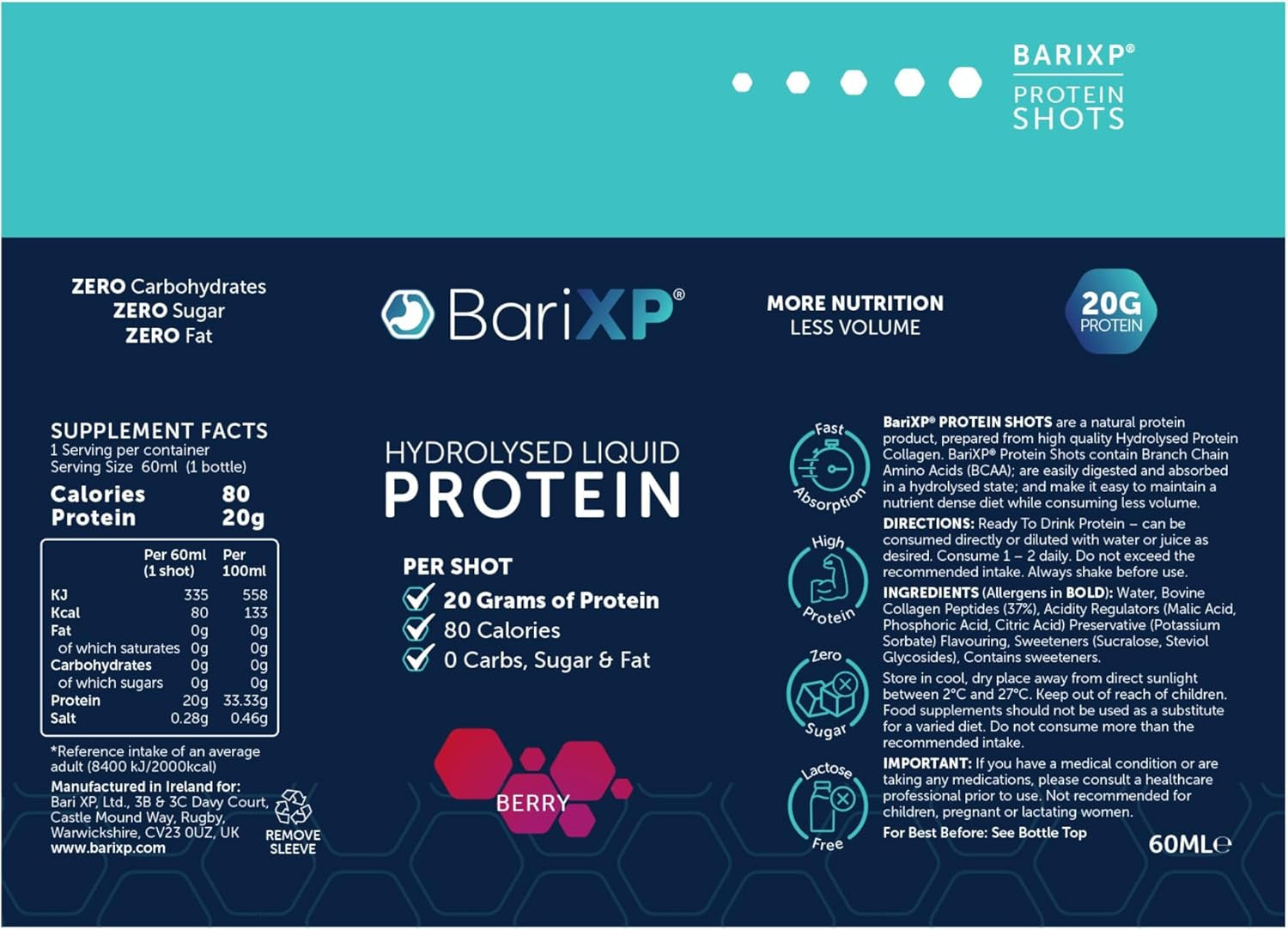 Barixp Collagen Protein Shots – 20g Hydrolyzed Protein – 12 Ready-to-Drink – Berry Flavor