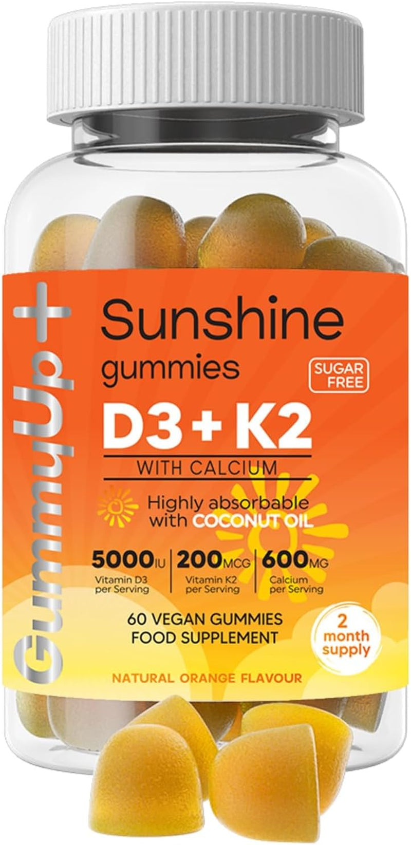 2 Months Supply Vitamin D+K2 Gummies with Calcium, High Strength Sugar Free Sunshine Gummies, Natural Orange Flavoured Vegetarian Gummies