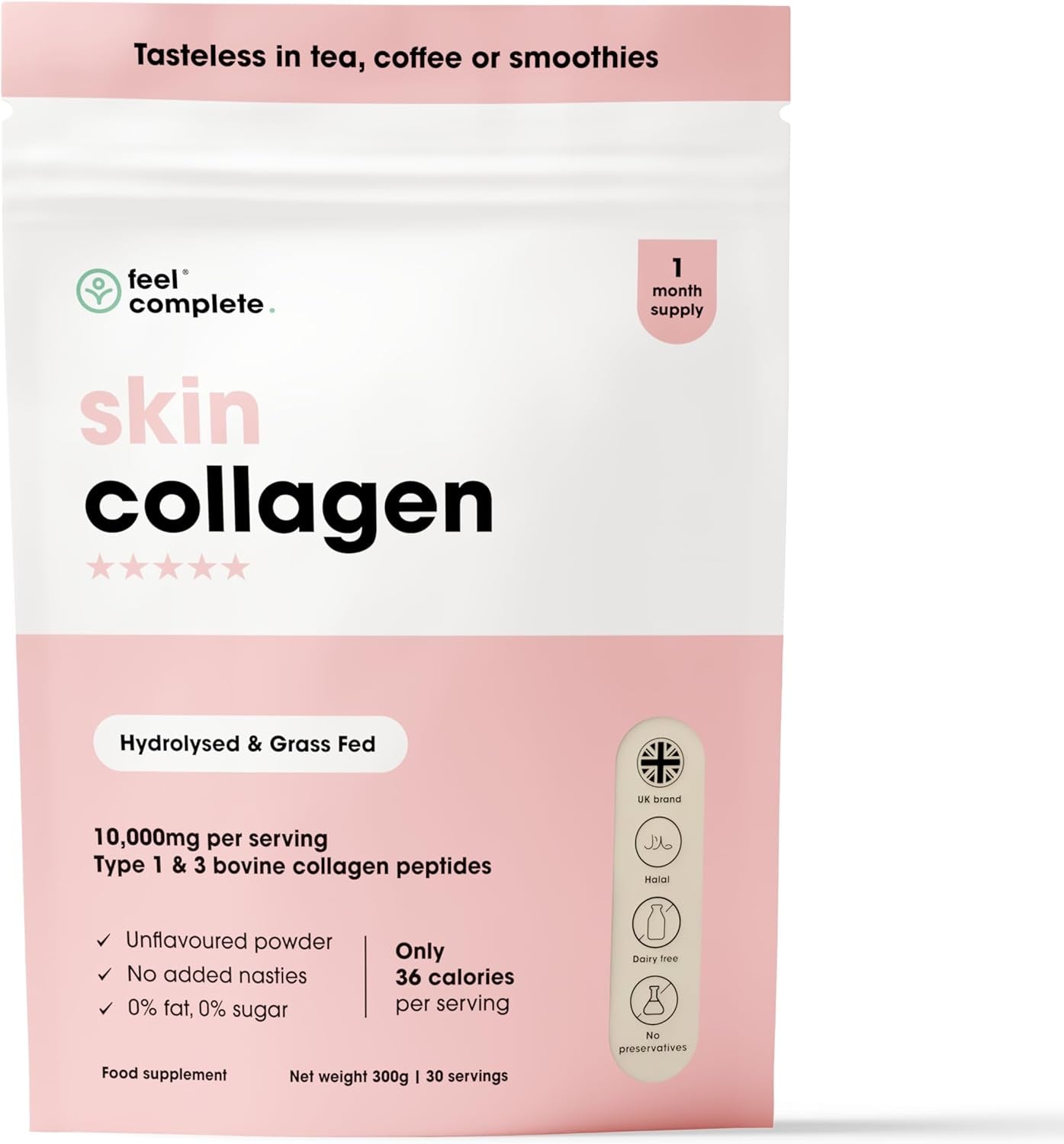Tasteless Collagen for Women – Grass-Fed Type 1 & 3 Hydrolysed Peptides – 300g