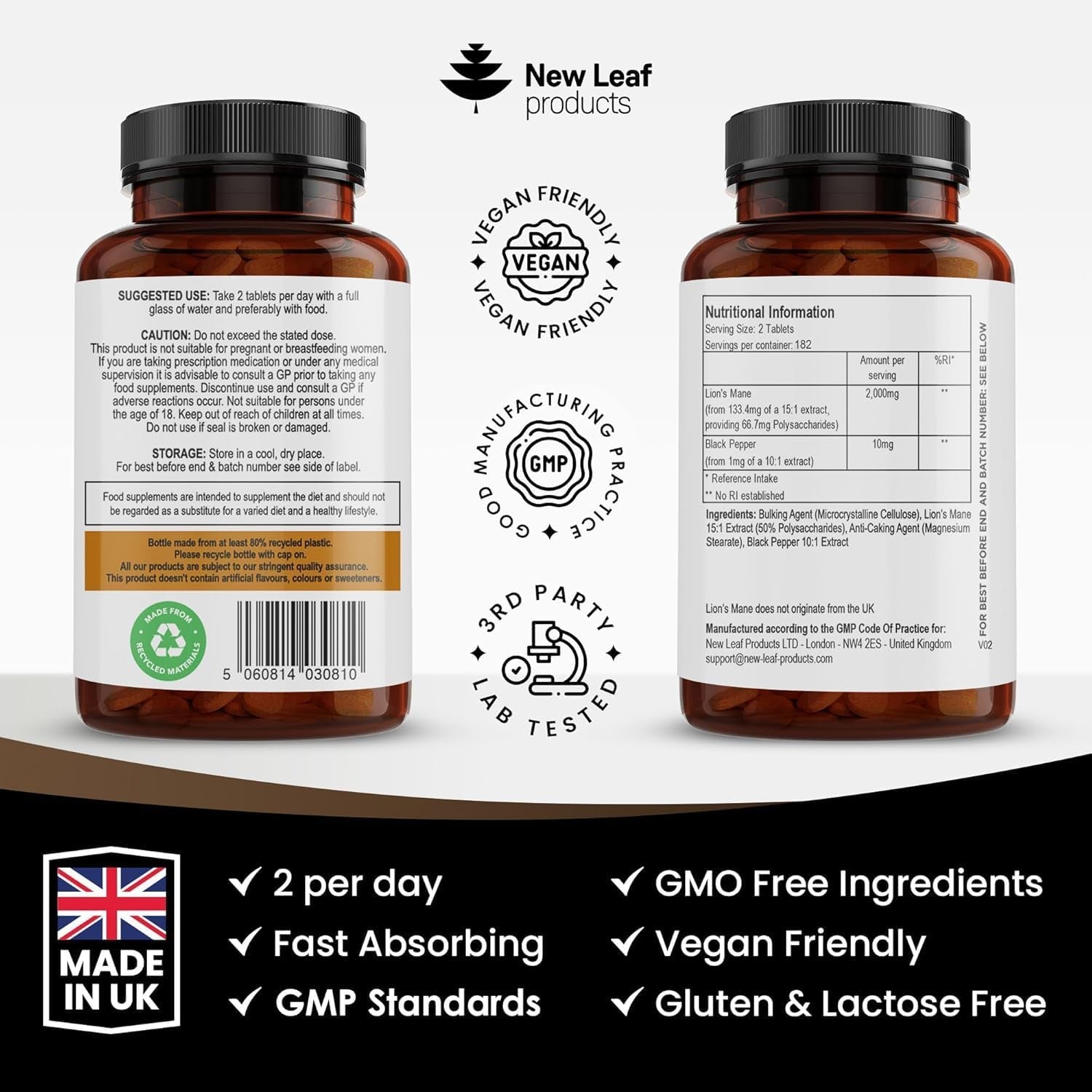 Lion’s Mane Mushroom 2000mg – 365 Vegan Tablets – With Black Pepper – High Strength Extract