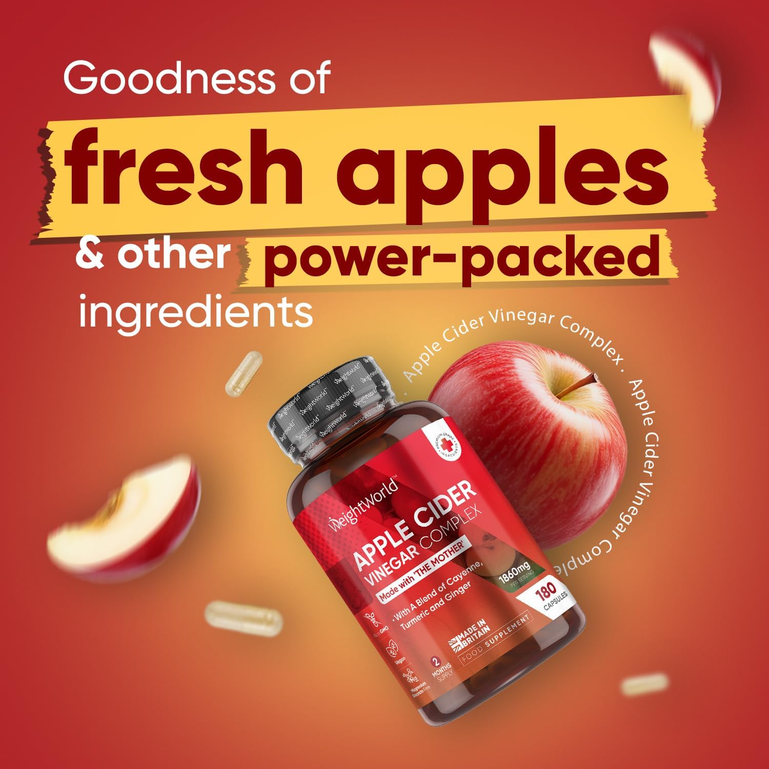 Apple Cider Vinegar with Mother 1860Mg - Added Probiotics - 180 Apple Cider Vinegar Capsules with Cayenne Pepper, Turmeric & Ginger Root - Vegan Tablets (Not Apple Cider Vinegar Gummies)