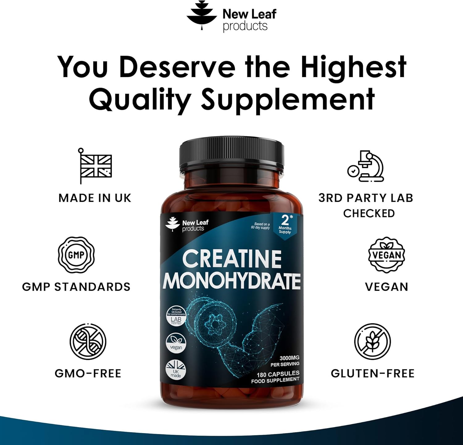 Creatine Monohydrate 3000mg – 180 Capsules – Gym Supplement for Men & Women