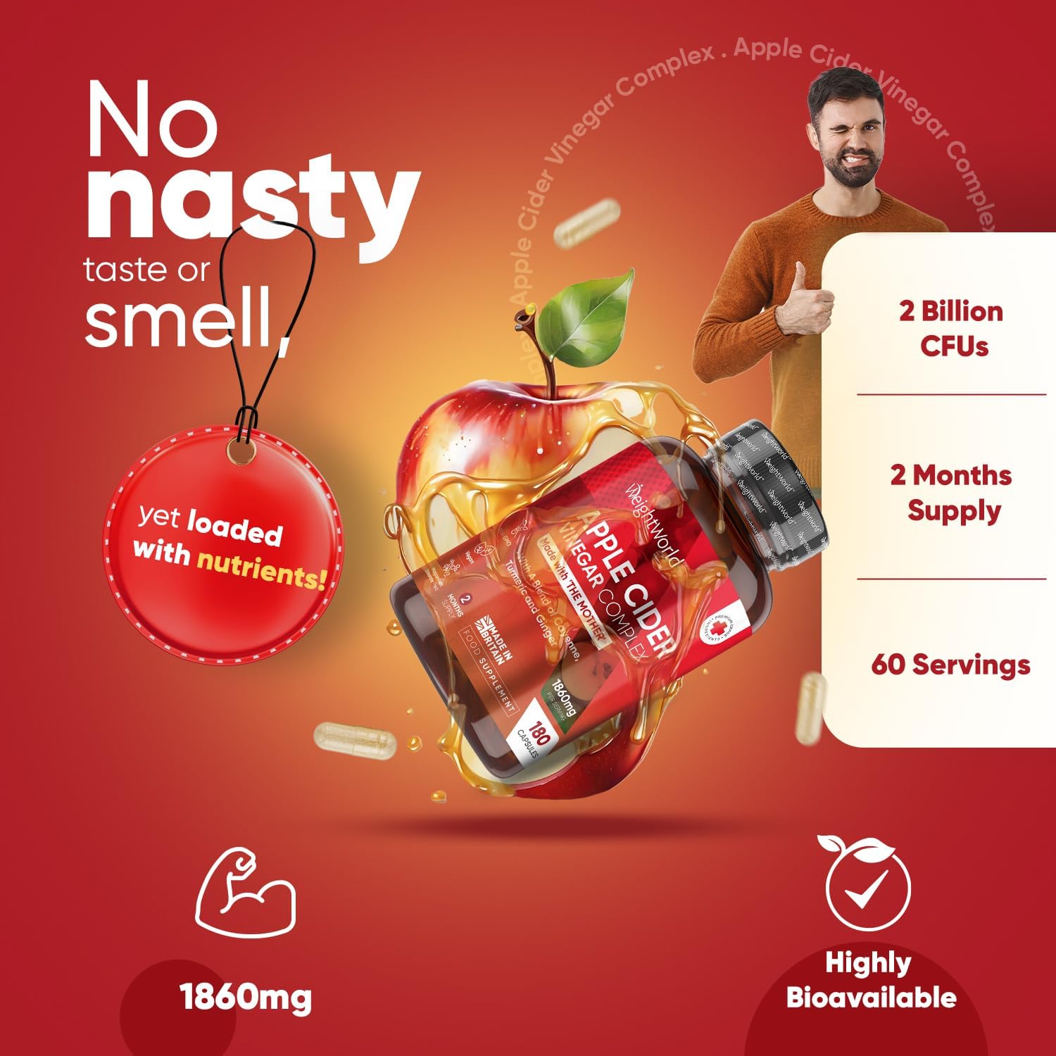 Apple Cider Vinegar with Mother 1860Mg - Added Probiotics - 180 Apple Cider Vinegar Capsules with Cayenne Pepper, Turmeric & Ginger Root - Vegan Tablets (Not Apple Cider Vinegar Gummies)
