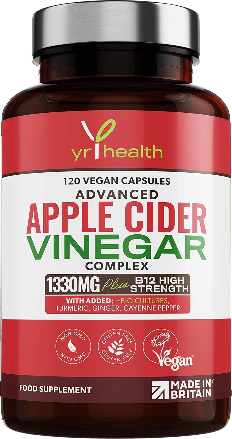 Apple Cider Vinegar 1330Mg – with B12, Turmeric, Ginger & Probiotics – 120 Vegan Capsules