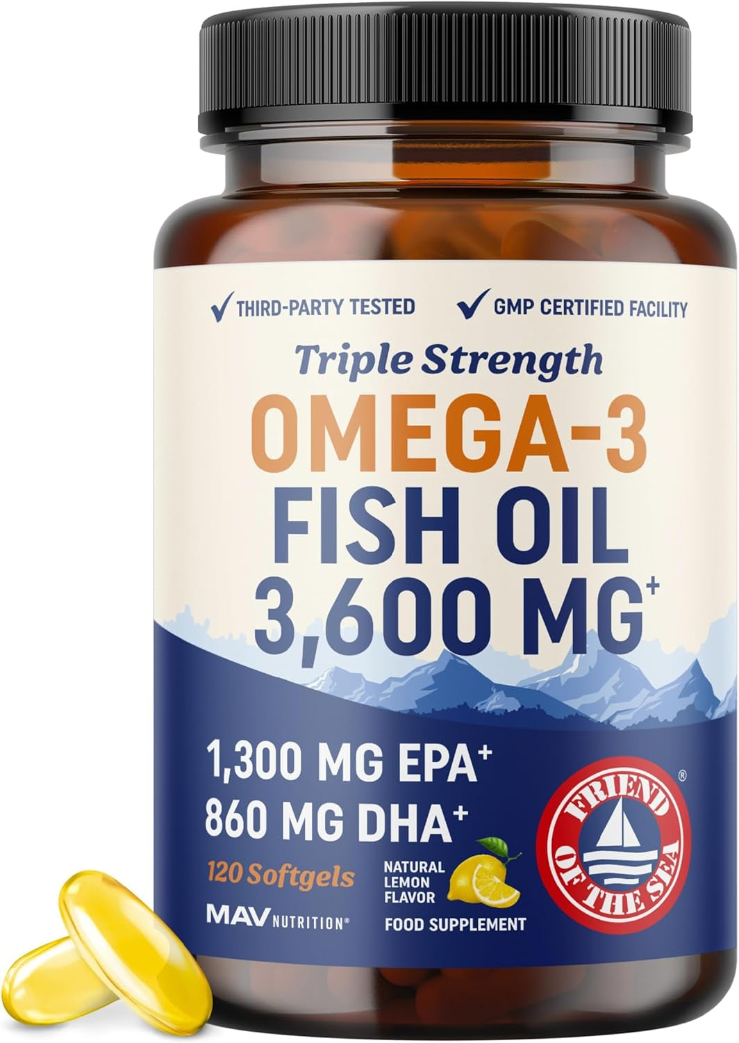 Omega-3 Fish Oil 3600mg, EPA & DHA, Brain & Joint Support – 120 Softgels