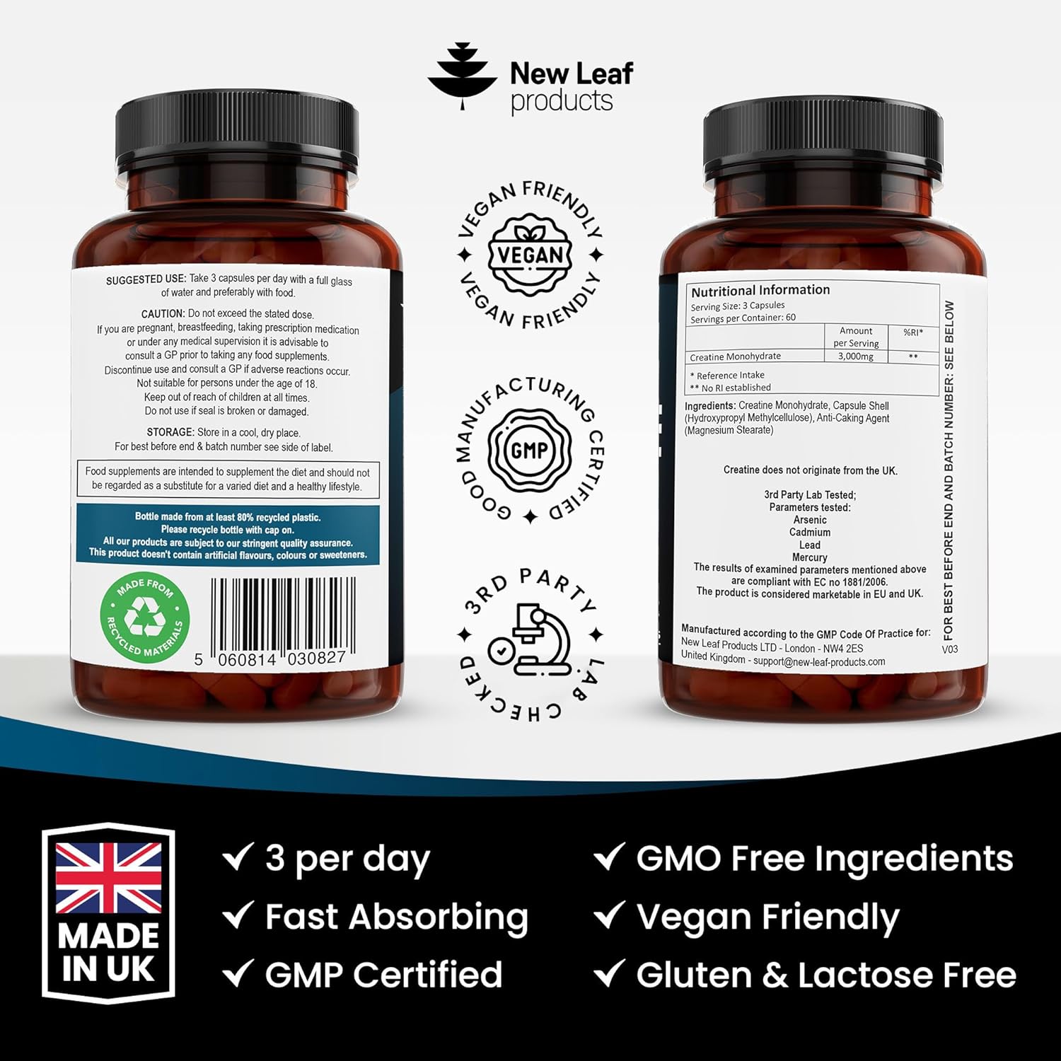 Creatine Monohydrate 3000mg – 180 Capsules – Gym Supplement for Men & Women