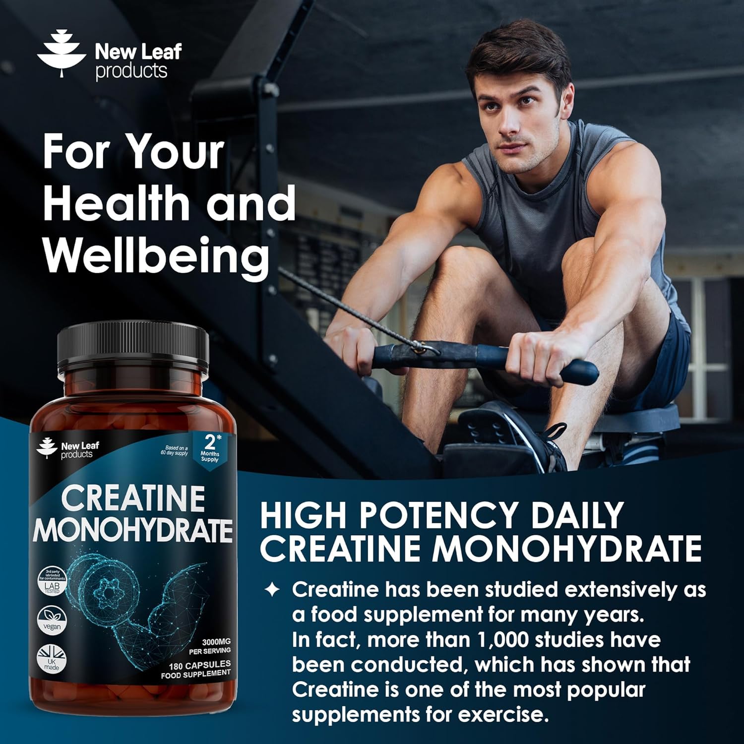 Creatine Monohydrate 3000mg – 180 Capsules – Gym Supplement for Men & Women