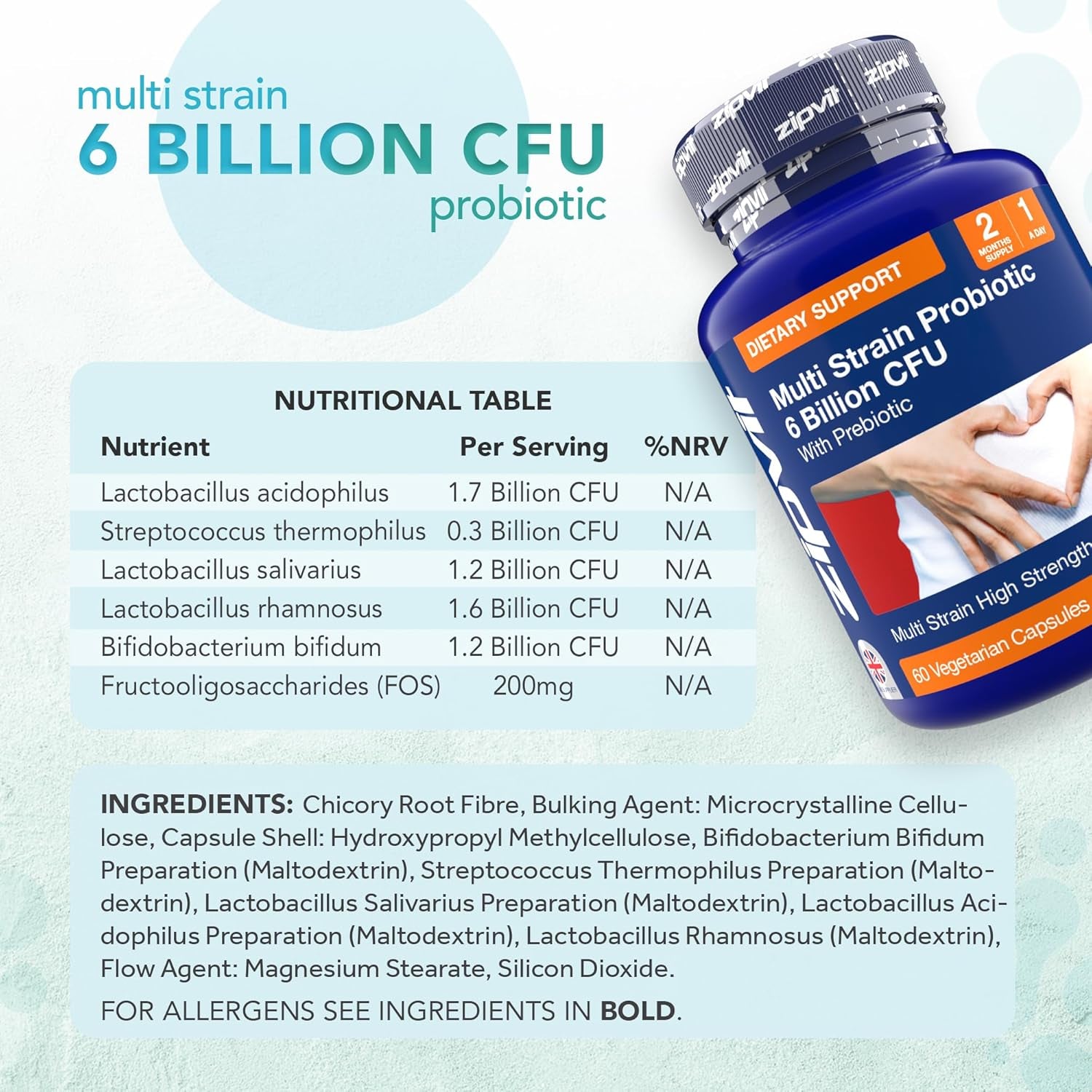 Probiotic 6 Billion CFU – 5 Strains + Prebiotics – 60 Veg Capsules