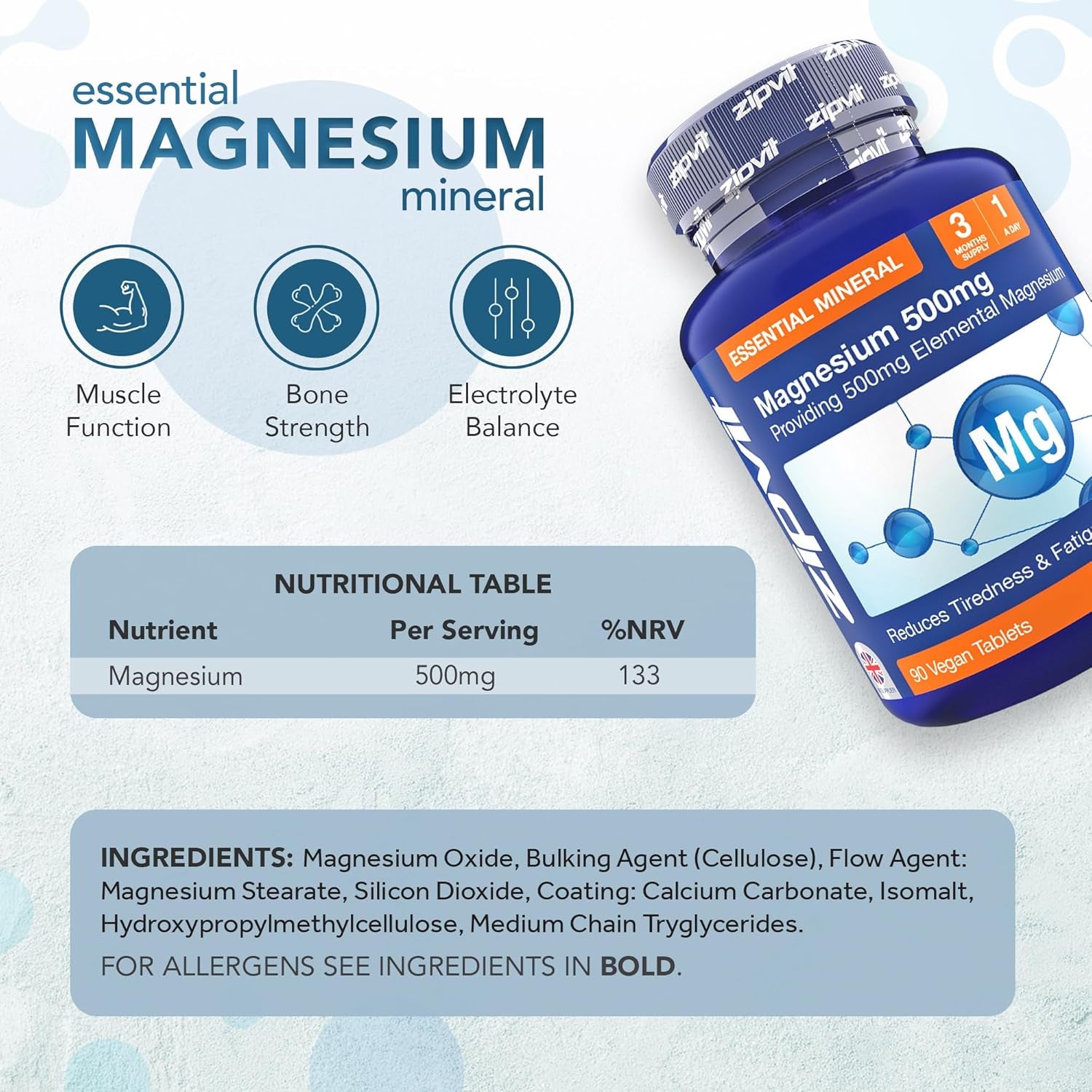 Magnesium 500Mg – High Strength – Muscle, Bone & Energy Support – 90 Tablets