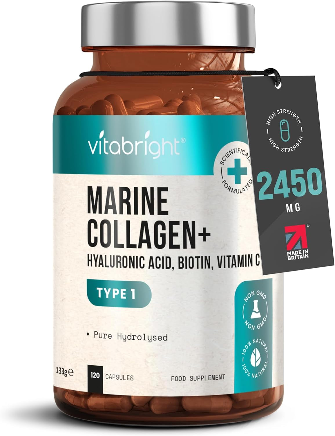 Pure Marine Collagen Capsules with Hyaluronic Acid Vitamin C, 2450Mg 120 Collagen Tablet