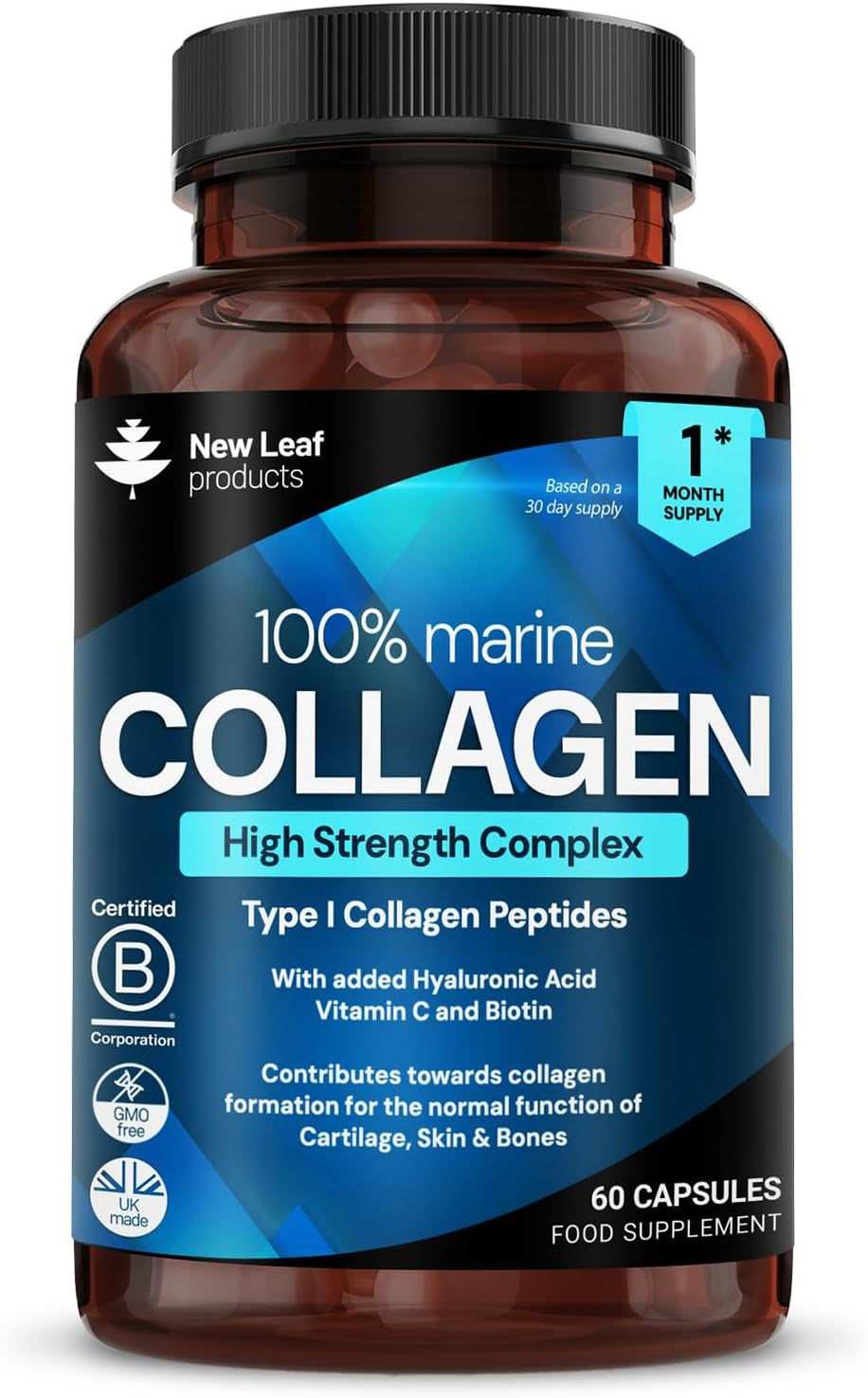 Pure Marine Collagen 100% Type 1 Peptides – With Hyaluronic Acid & Vit C – 60 Caps